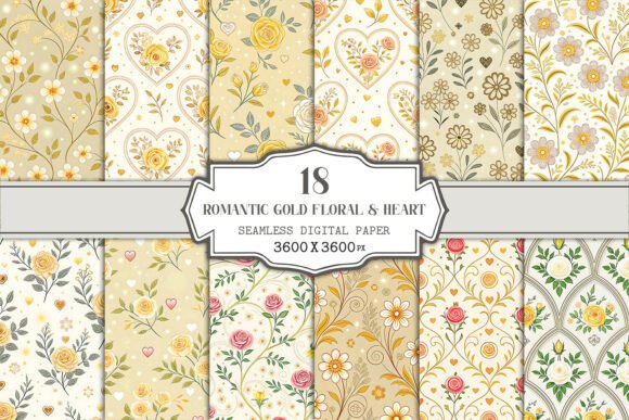 Elevating Design Projects with Romantic Gold Floral Heart Seamless Patterns