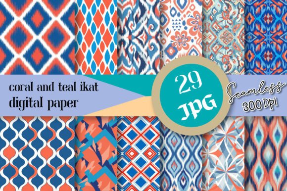Elevating Modern Design with Coral and Teal Ikat Digital Paper