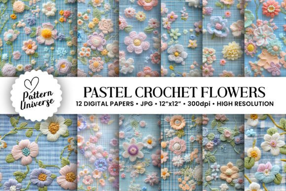 Pastel Crochet Flowers Digital Papers for Crafts